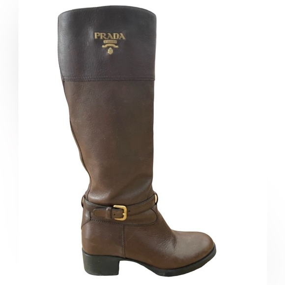 Prada Dark Brown Leather Signature Golden Logo Knee Length Boots - Picture 5 of 10